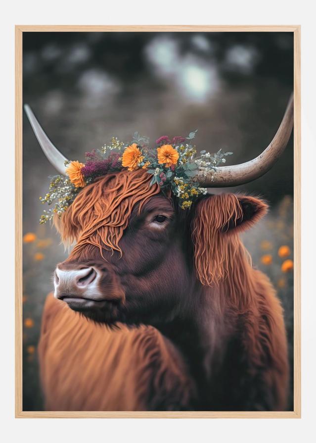 Highland Cow With Flowers Постер