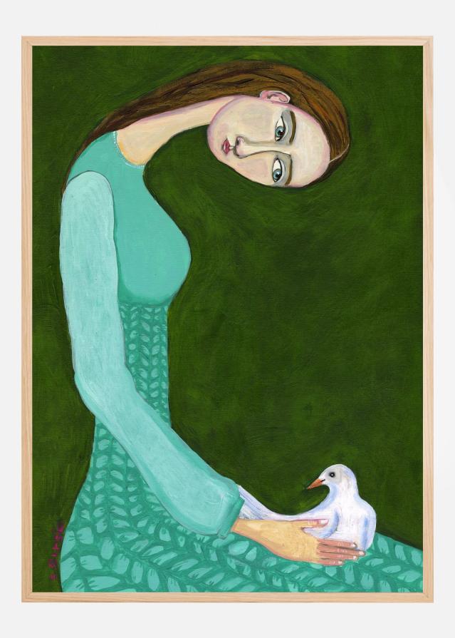 Lady sitting with white dove bird woman Постер