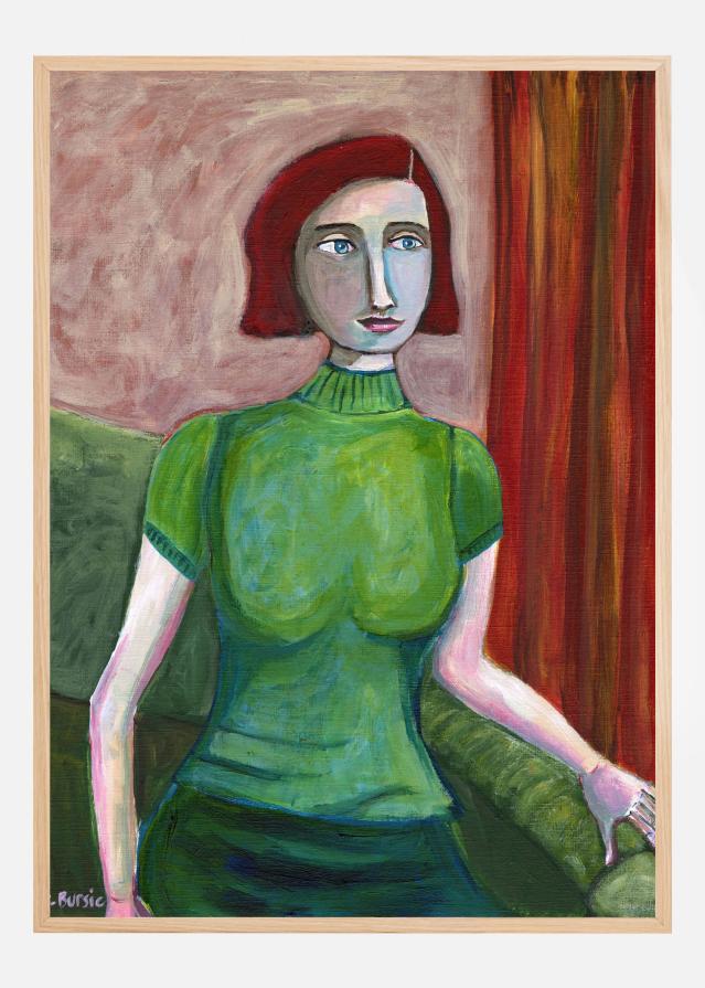 Vintage Red Head in Green Постер