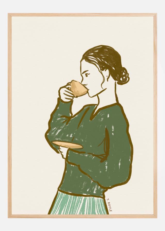 Woman Drinking Tea in Green Постер