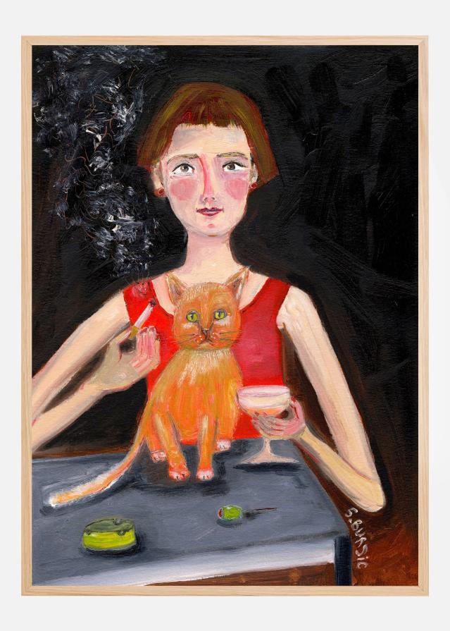 Vintage woman with cocktail and cat Постер