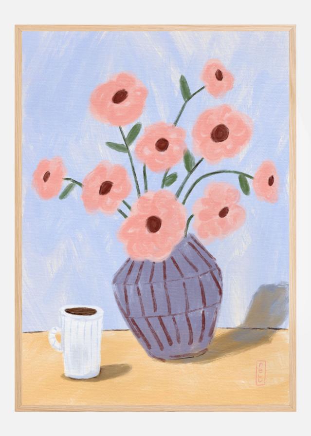 Coffee and Flowers Simple Still Life Painting Постер