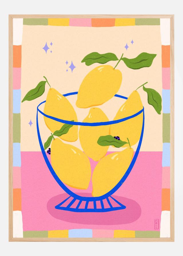 Lemons in a Bowl Retro with Colorful Frame Постер