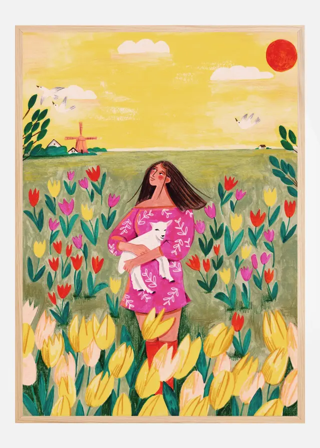 Woman in spring tulip field Постер