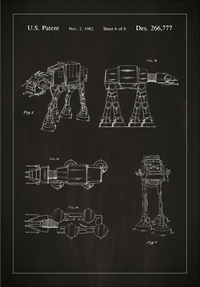 Патентен чертеж - Star Wars - Walker - Черно Постер
