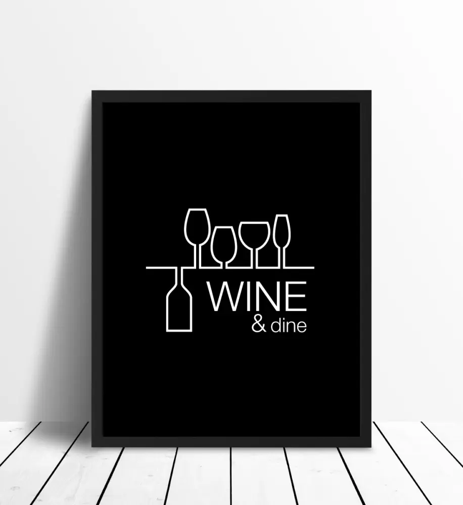 Wine & dine - Бял печат върху черен фон Постер