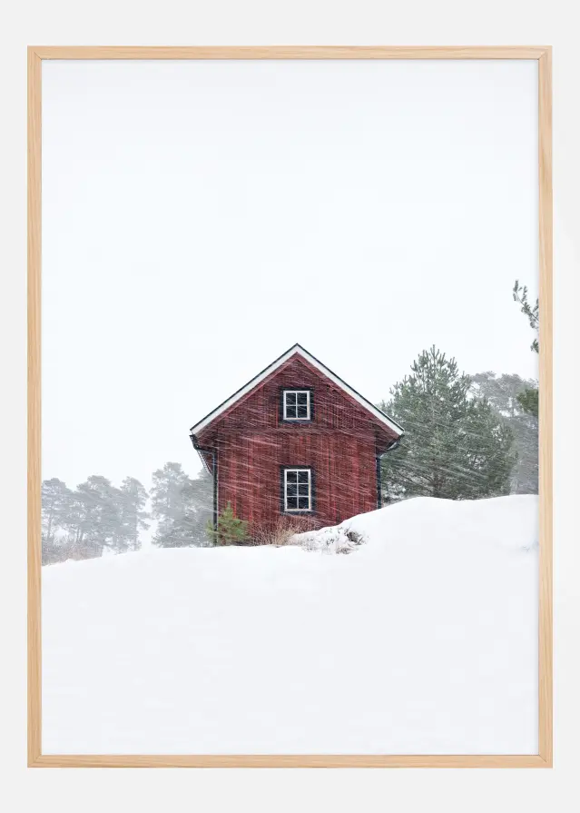 Old red house during snowstorm Постер