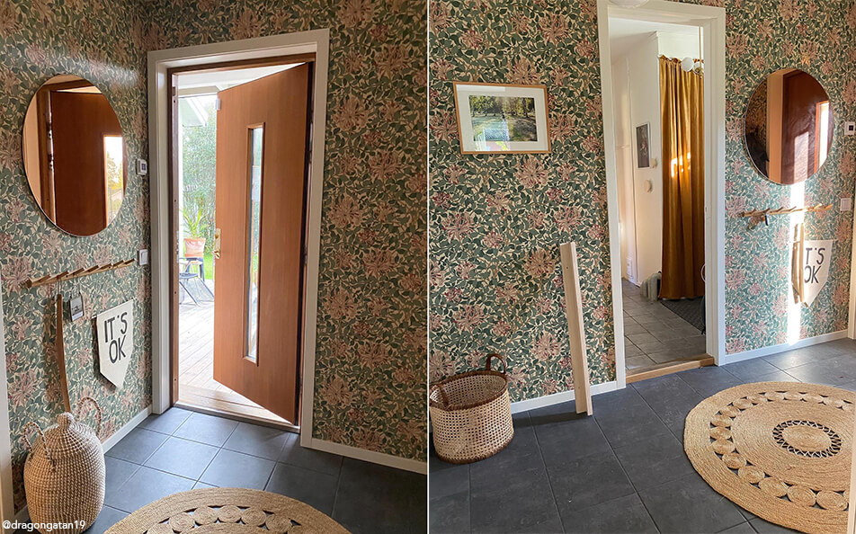 Цветен тапет в коридора, кръгло огледало с тонирано стъкло