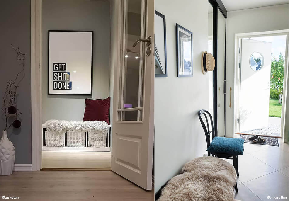 Интериор на коридор – пейка с място за съхранение, черен стол и картини