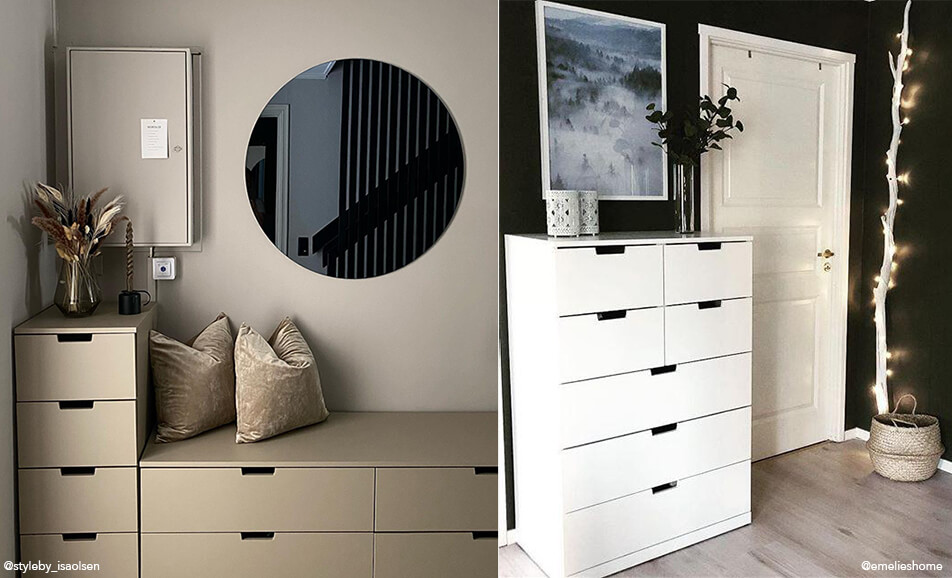 Интериор на коридор – пейка с място за съхранение и бял скрин