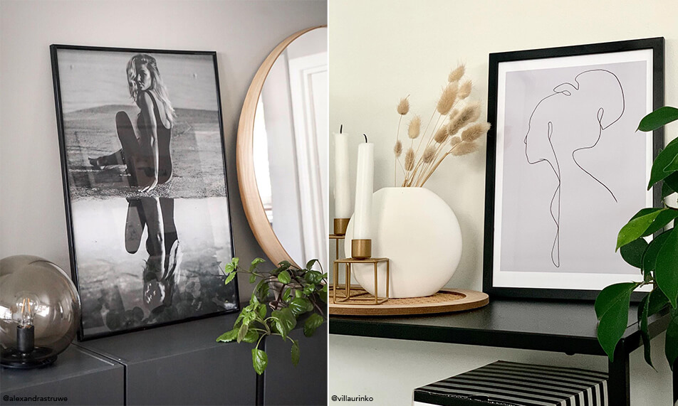 Стилен интериор със черни рамки и зелени растения