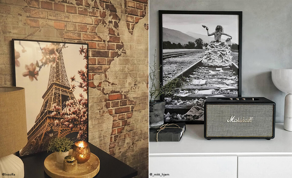 Картина на Айфеловата кула срещу тухлен фон - черно-бяла картина и високоговорители