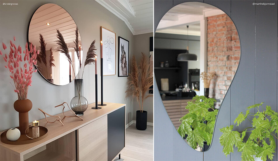 Кръгло огледало в розово злато на сива стена - капковидно огледало на сива стена